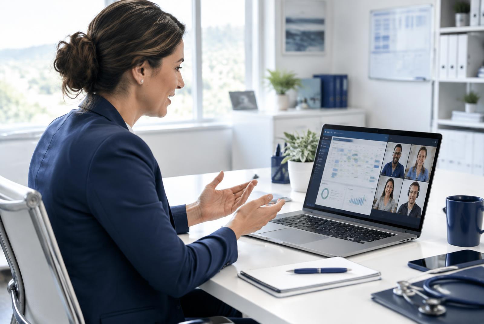 Medical practice manager collaborating with a remote support team