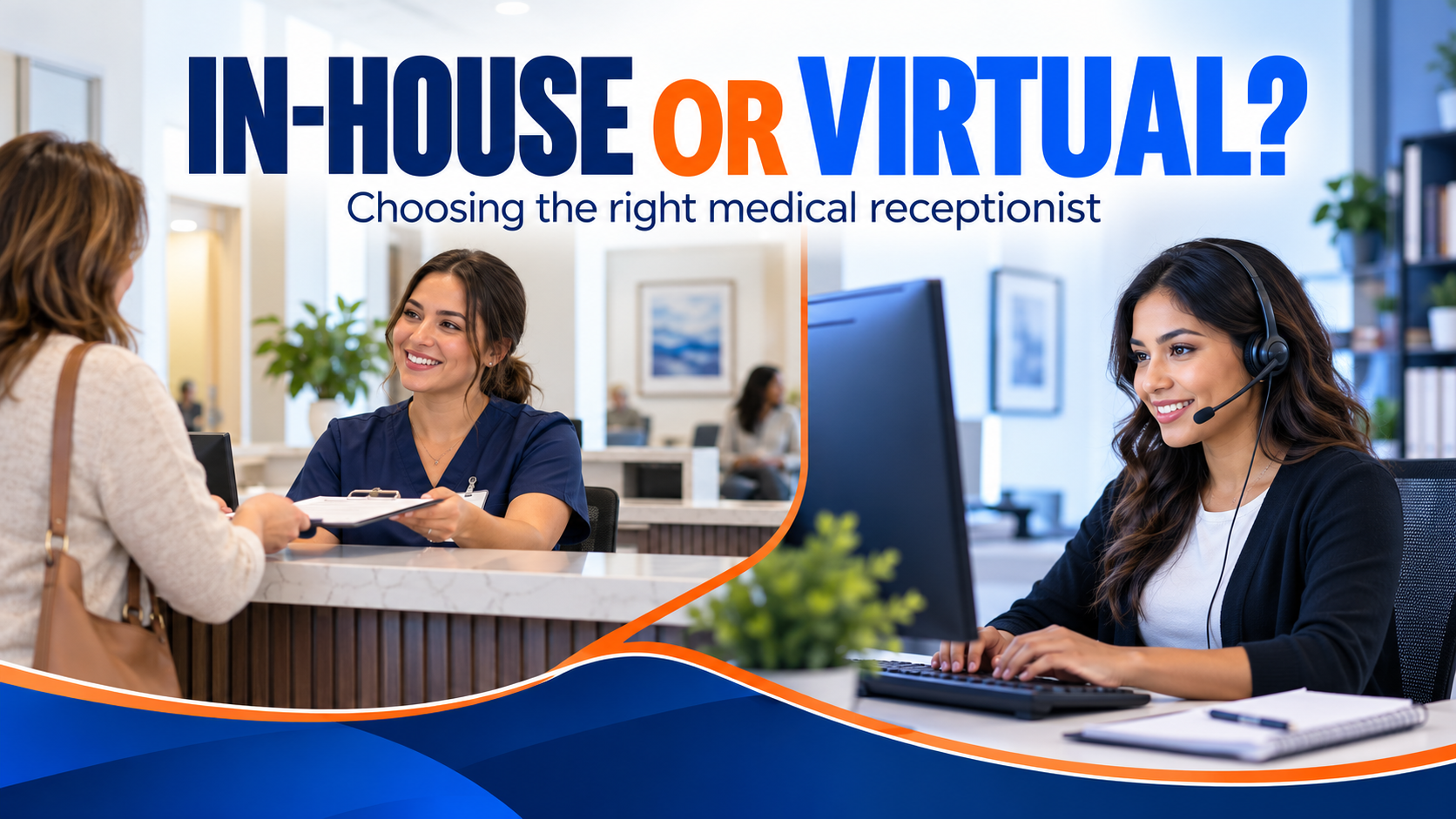 In-house medical receptionist assisting a patient beside a virtual medical receptionist working remotely